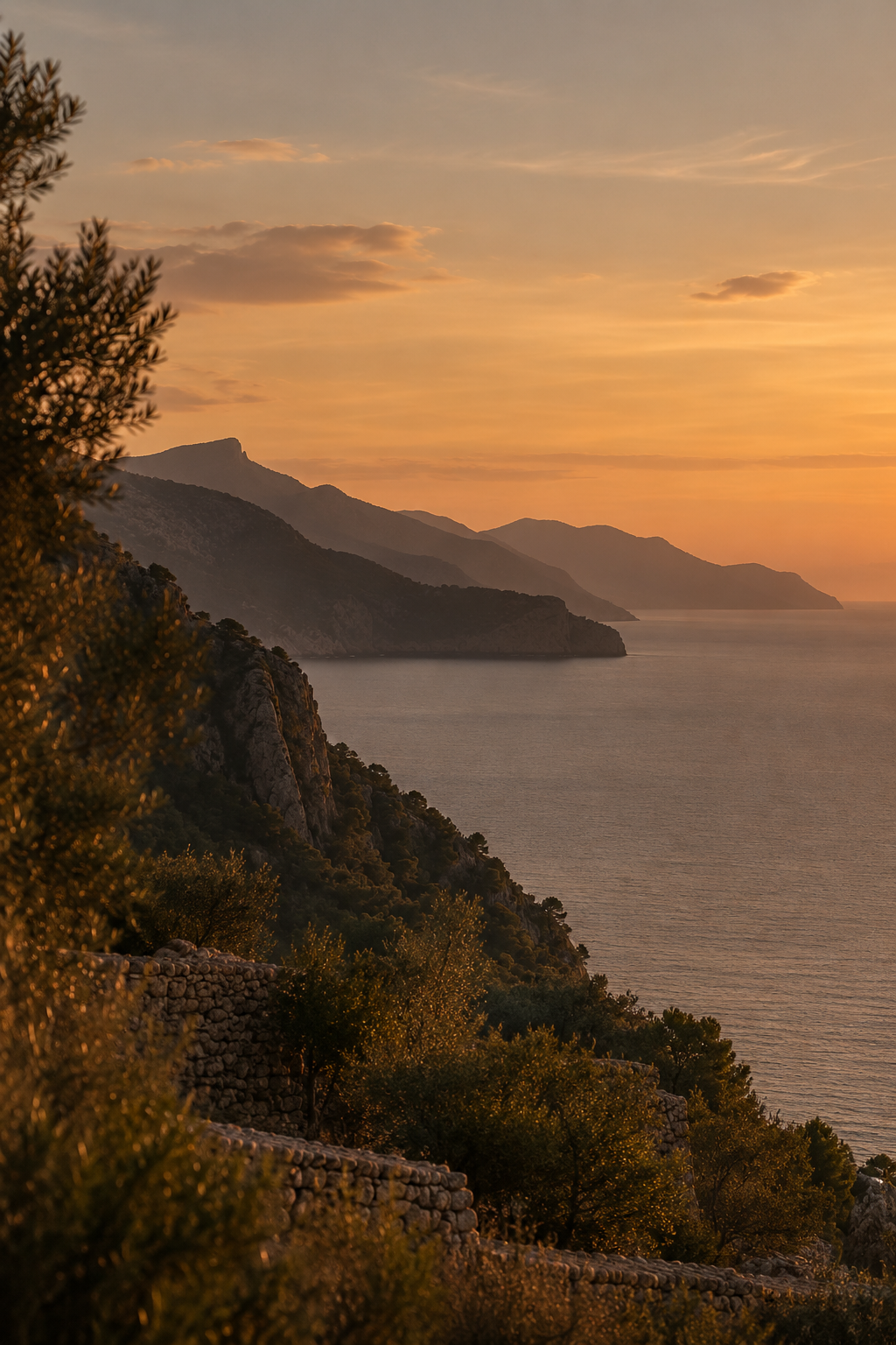 Mallorca's Tramuntana coastline at sunset, with dry stone terraces above the sea